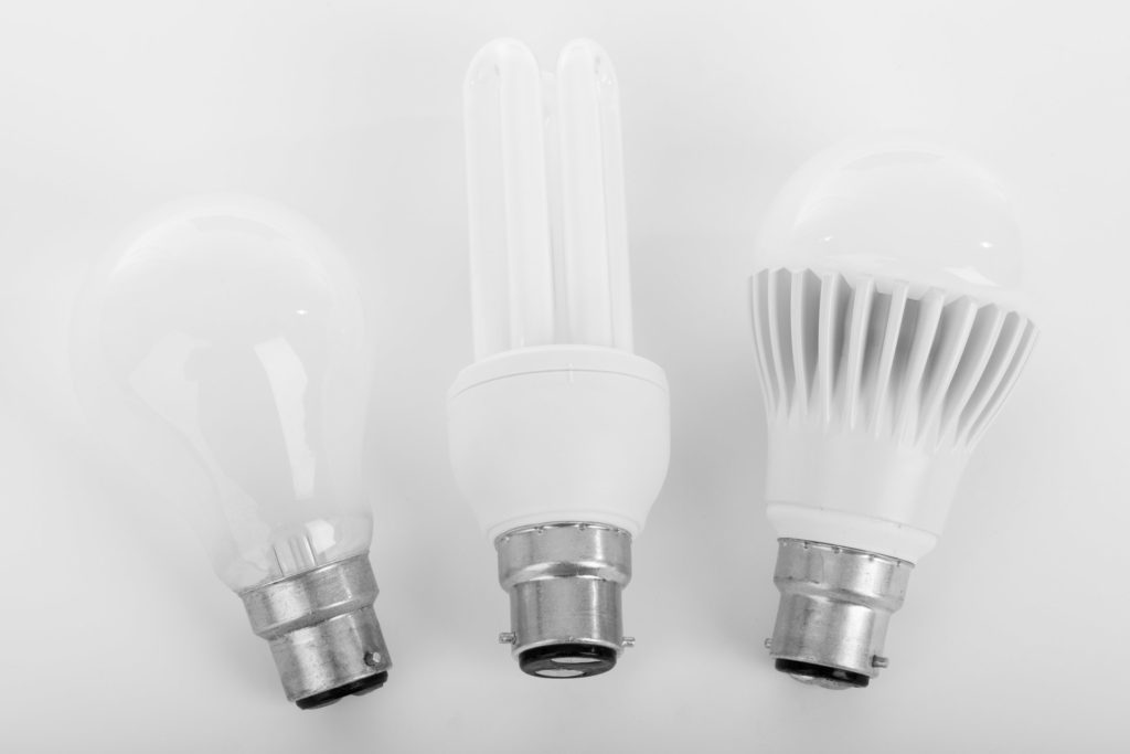 incandescent compact flourescent and LED light bulbs